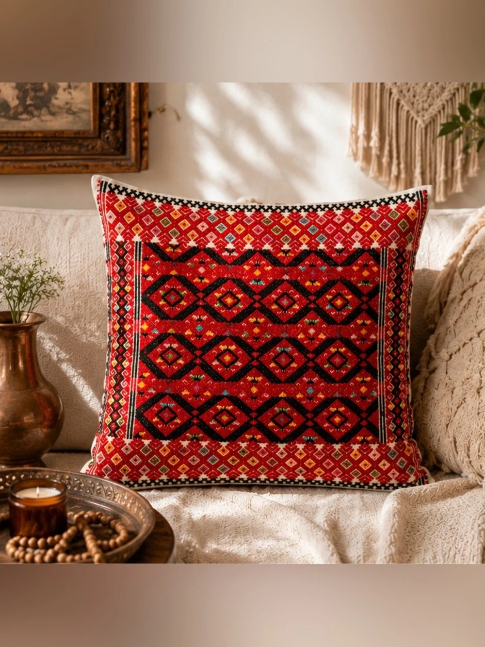 Vintage Hand Embroidered 16x16 Pillow Cover | Boho Folk Art Geometric Accent